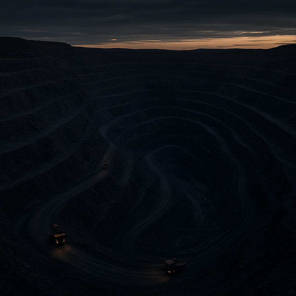 Aerial view of a large open-pit mining operation at dusk