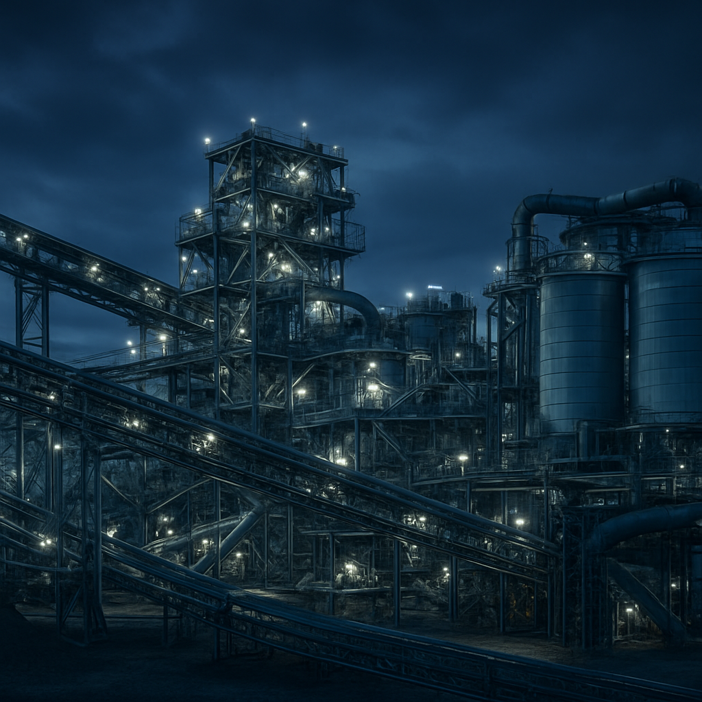 Mineral processing plant infrastructure at twilight